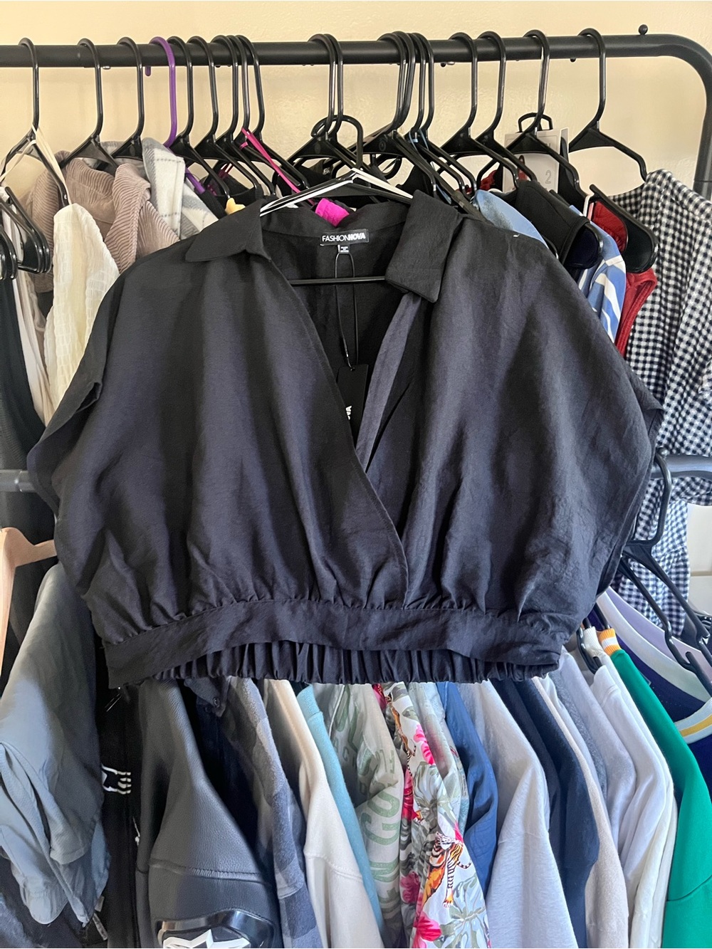 Fashion Nova Black Cropped Wrap Blouse with Elastic Hem